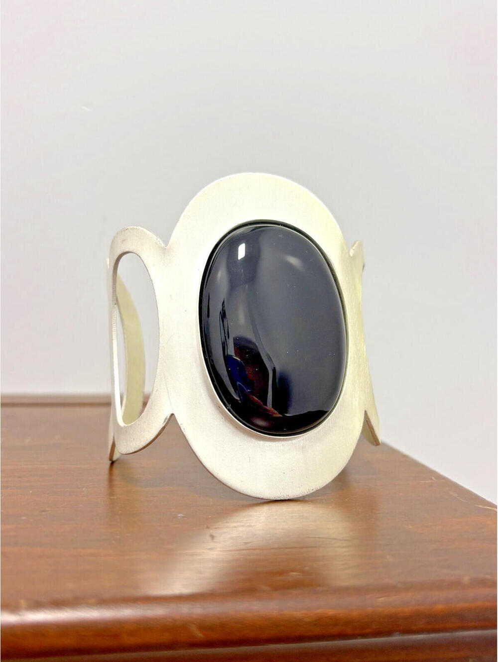 Vintage Sheila Fajl Silver Tone Black Cabochon Wide MCM Mod Bracelet Artisan